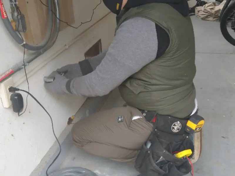 Electrician performing outlet wiring in a Danvers garage